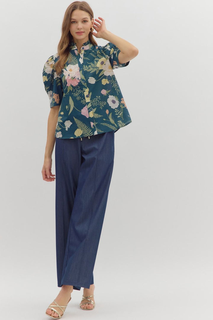 Floral Ruffle Neck Button Front Top - Lush Lemon - Women's Clothing - Entro - 76978871613149