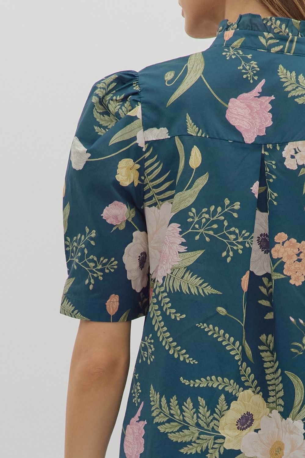 Floral Ruffle Neck Button Front Top - Lush Lemon - Women's Clothing - Entro - 76978871613149