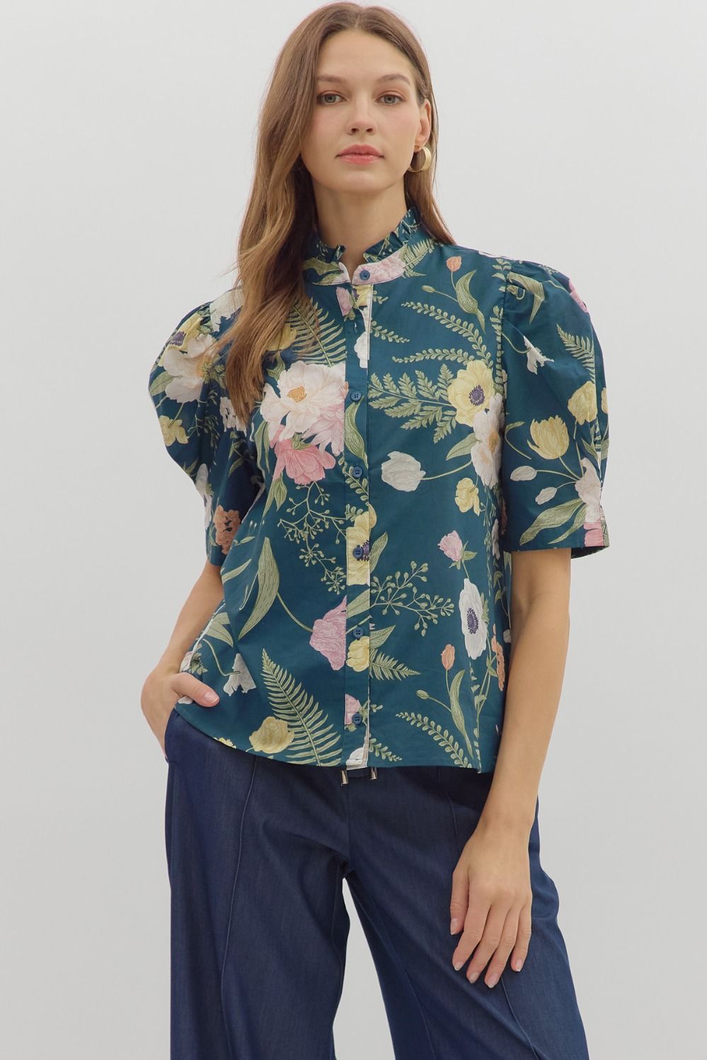 Floral Ruffle Neck Button Front Top - Lush Lemon - Women's Clothing - Entro - 76978871613149