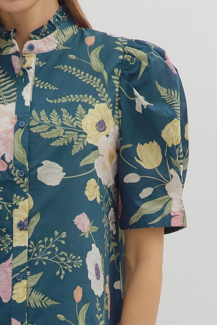 Floral Ruffle Neck Button Front Top - Lush Lemon - Women's Clothing - Entro - 76978871613149