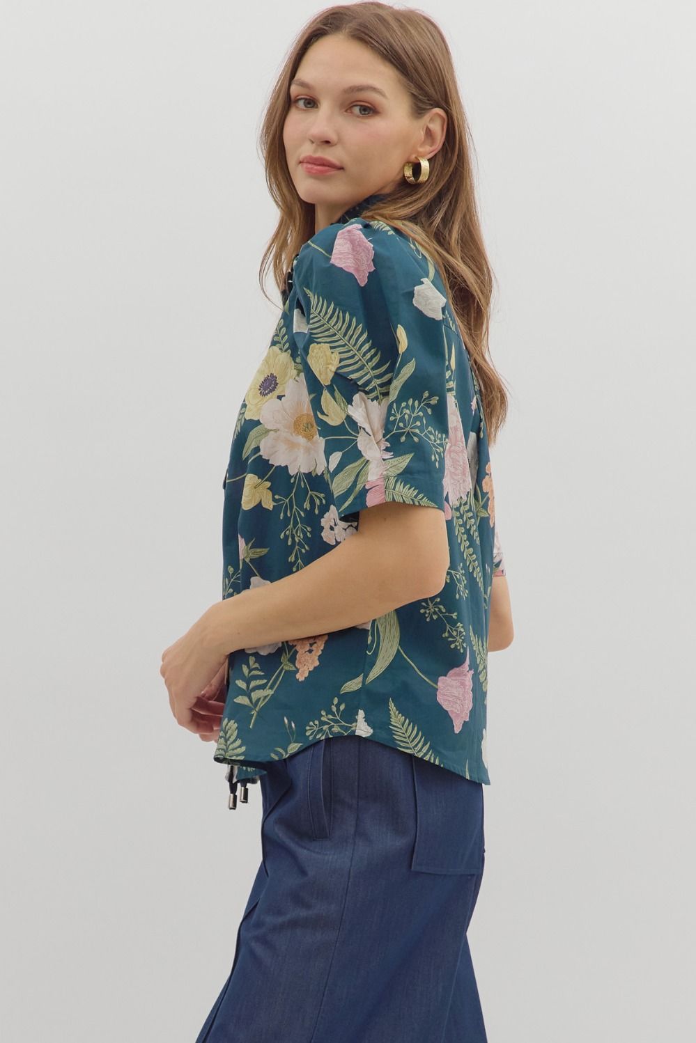 Floral Ruffle Neck Button Front Top - Lush Lemon - Women's Clothing - Entro - 76978871613149