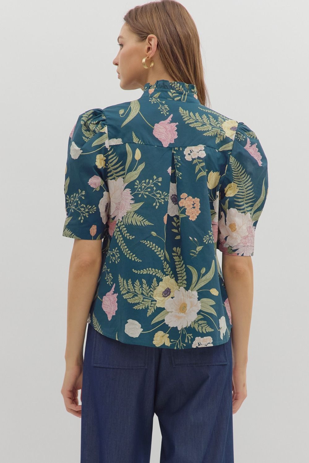 Floral Ruffle Neck Button Front Top - Lush Lemon - Women's Clothing - Entro - 76978871613149