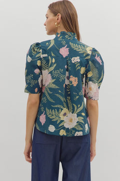 Floral Ruffle Neck Button Front Top - Lush Lemon - Women&