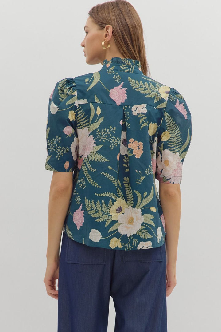 Floral Ruffle Neck Button Front Top - Lush Lemon - Women's Clothing - Entro - 76978871613149
