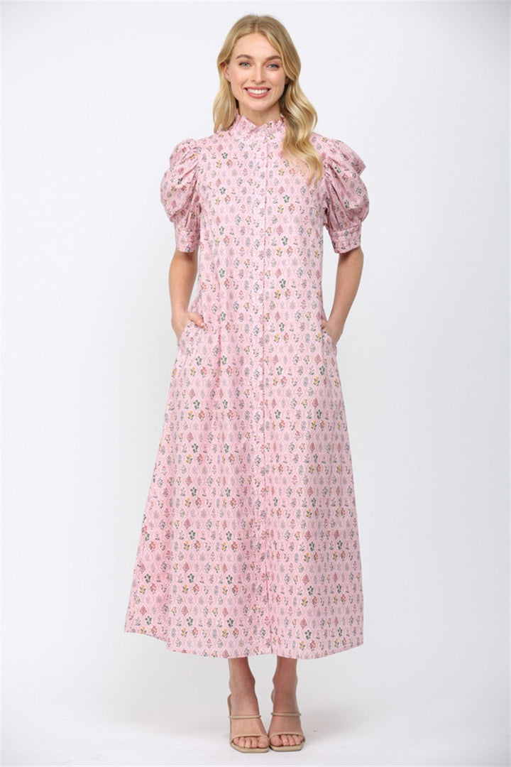 Floral Ruffle Neck Maxi Dress - Lush Lemon - Women's Clothing - Fate By LFD - 28410261099325