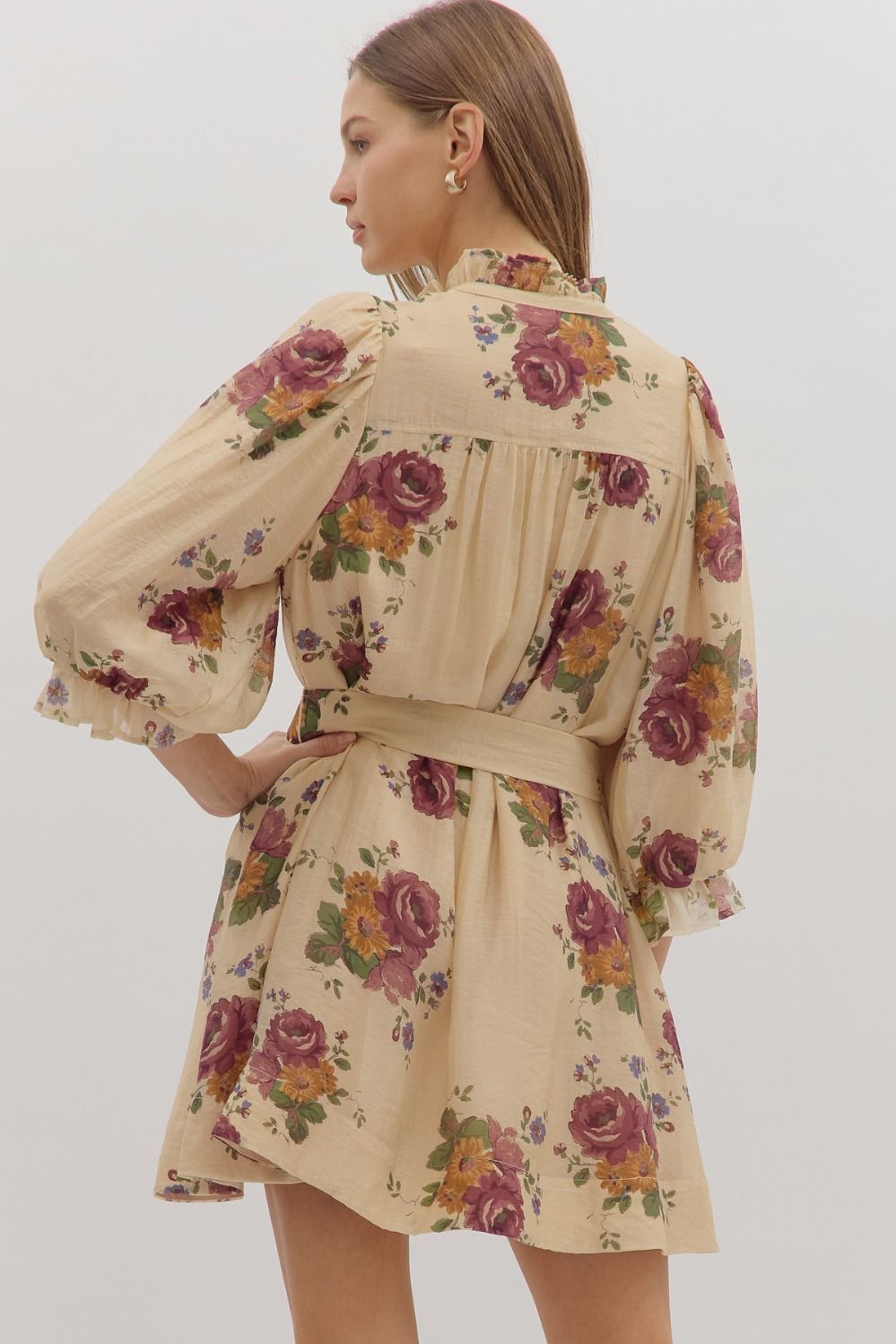 Floral Ruffle Neck Mini Dress W/Tie Waist - Lush Lemon - Women's Clothing - Entro - 74475911058333