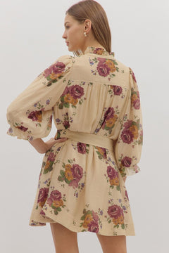Floral Ruffle Neck Mini Dress W/Tie Waist - Lush Lemon - Women&
