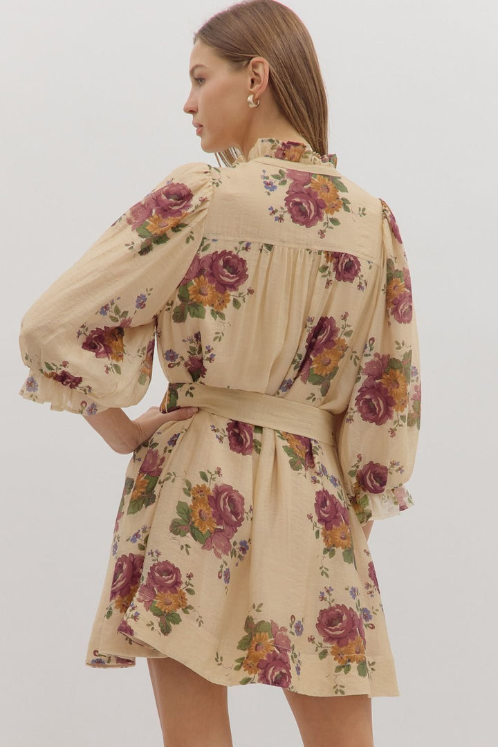 Floral Ruffle Neck Mini Dress W/Tie Waist - Lush Lemon - Women's Clothing - Entro - 74475911058333