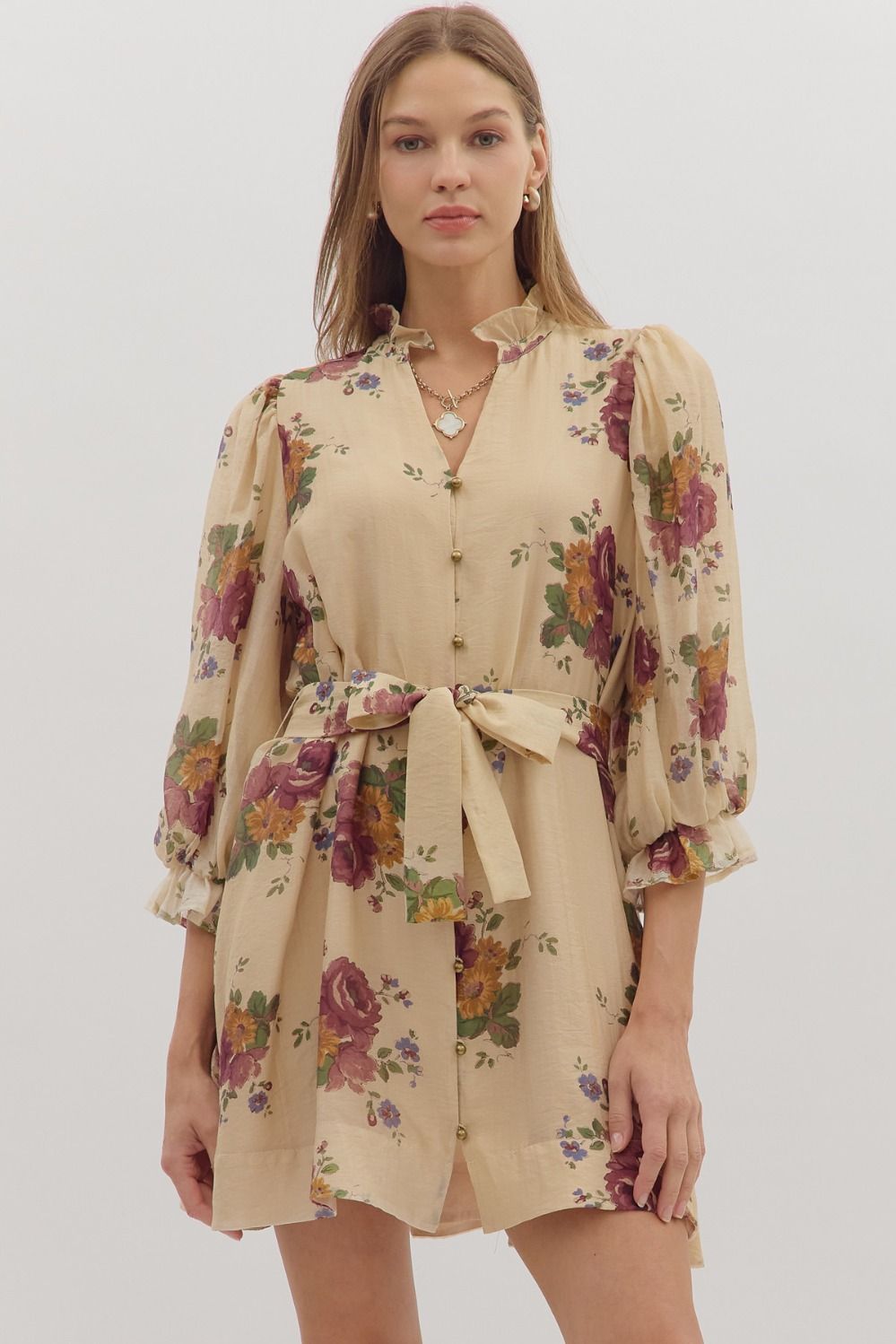 Floral Ruffle Neck Mini Dress W/Tie Waist - Lush Lemon - Women's Clothing - Entro - 74475911058333