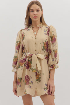 Floral Ruffle Neck Mini Dress W/Tie Waist - Lush Lemon - Women&