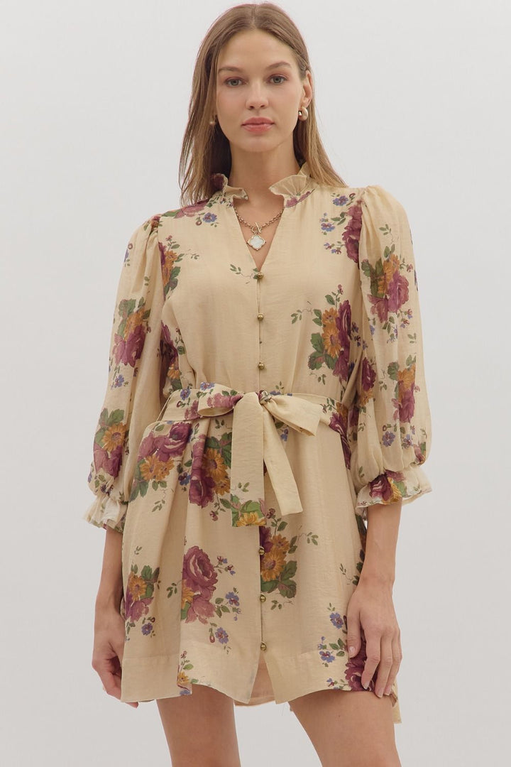 Floral Ruffle Neck Mini Dress W/Tie Waist - Lush Lemon - Women's Clothing - Entro - 74475911058333