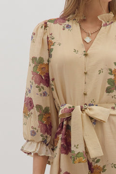 Floral Ruffle Neck Mini Dress W/Tie Waist - Lush Lemon - Women&