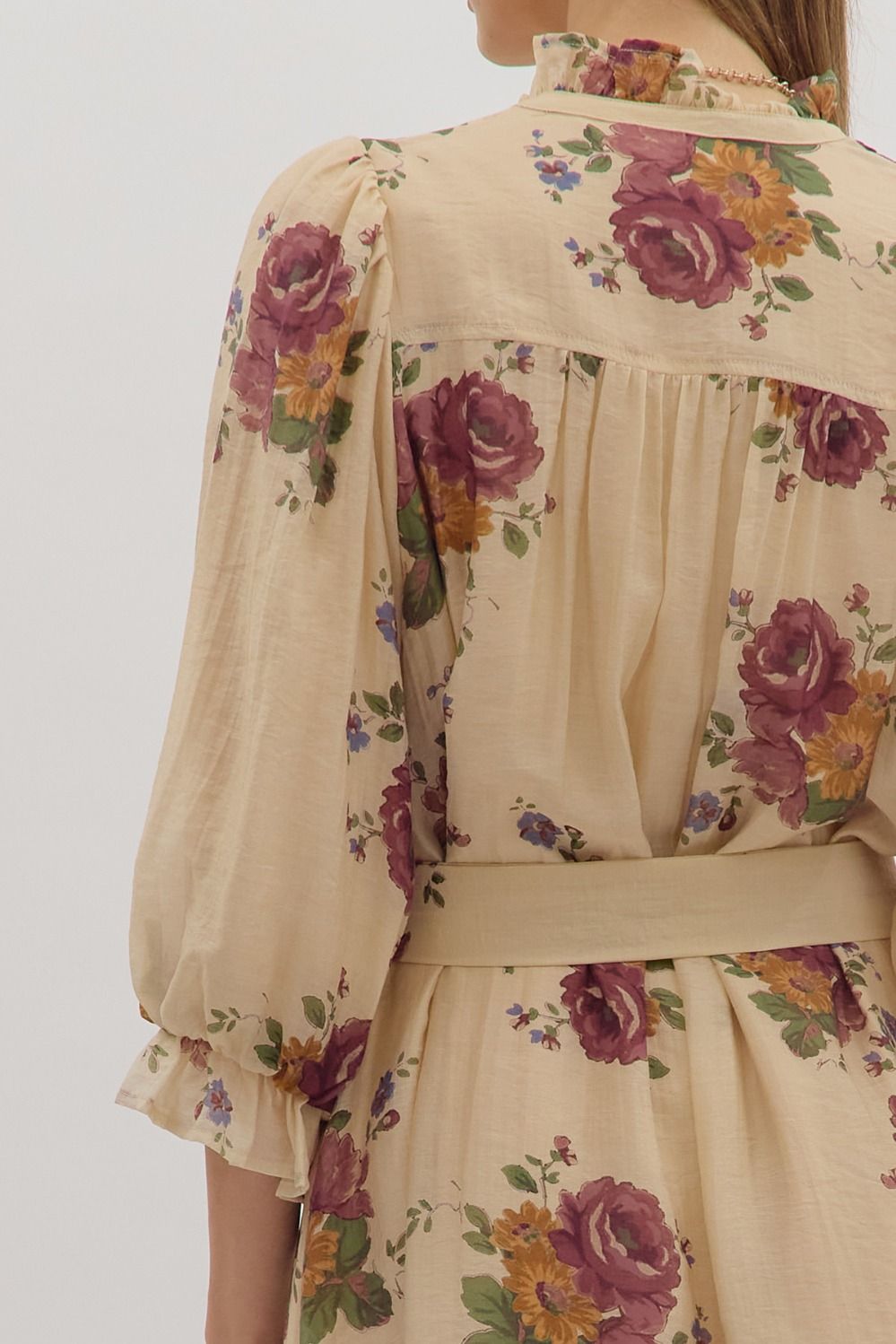 Floral Ruffle Neck Mini Dress W/Tie Waist - Lush Lemon - Women's Clothing - Entro - 74475911058333