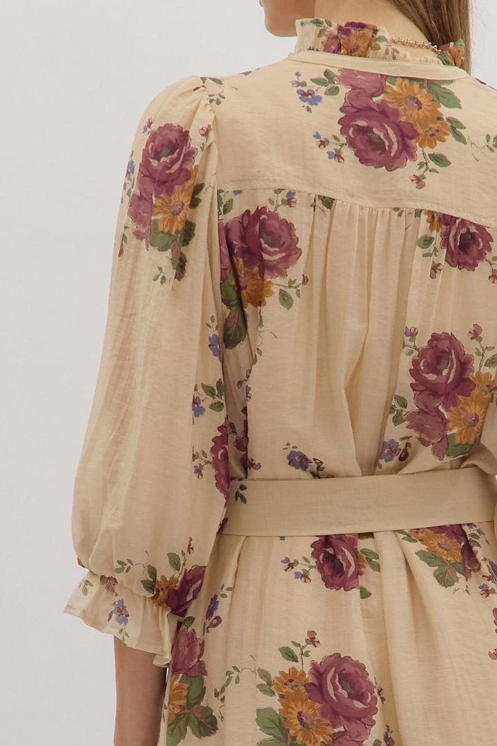 Floral Ruffle Neck Mini Dress W/Tie Waist - Lush Lemon - Women's Clothing - Entro - 74475911058333