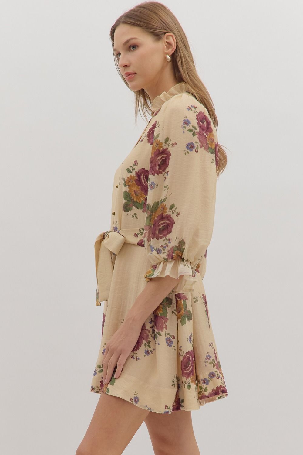 Floral Ruffle Neck Mini Dress W/Tie Waist - Lush Lemon - Women's Clothing - Entro - 74475911058333
