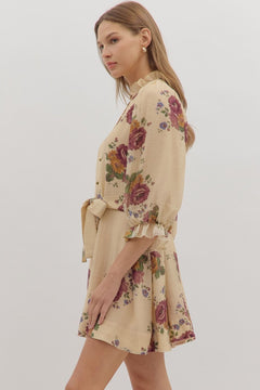 Floral Ruffle Neck Mini Dress W/Tie Waist - Lush Lemon - Women&