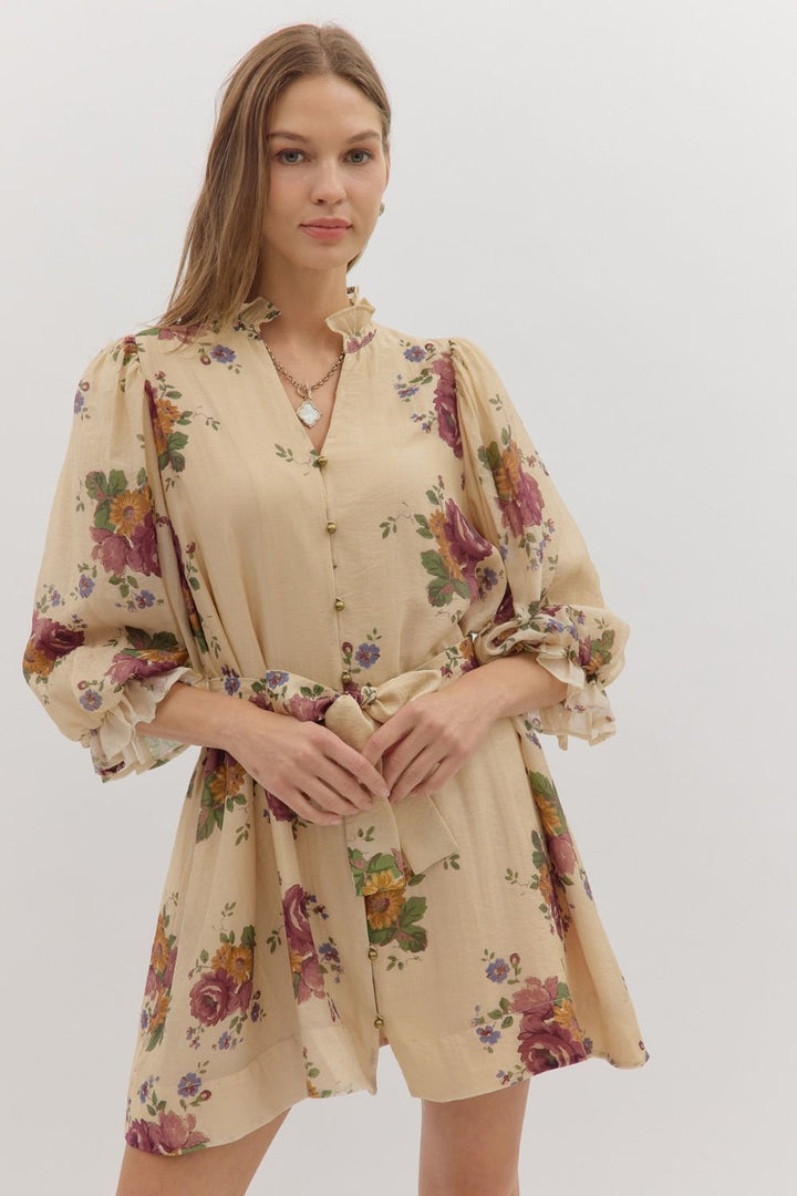 Floral Ruffle Neck Mini Dress W/Tie Waist - Lush Lemon - Women's Clothing - Entro - 74475911058333