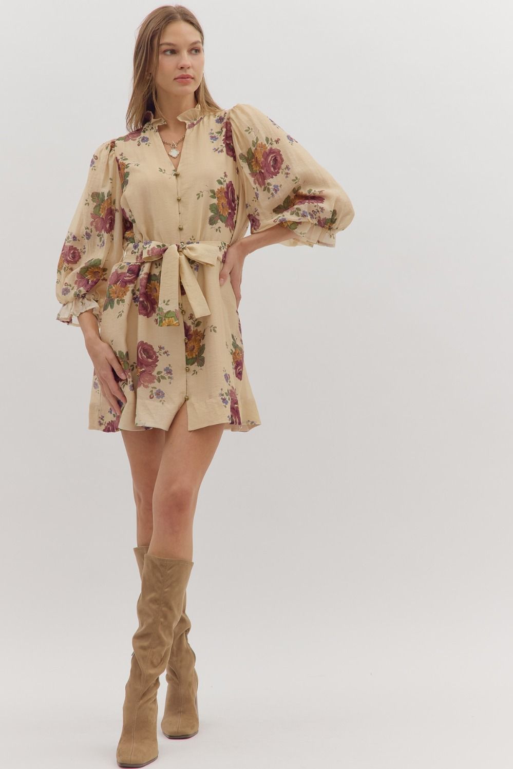 Floral Ruffle Neck Mini Dress W/Tie Waist - Lush Lemon - Women's Clothing - Entro - 74475911058333