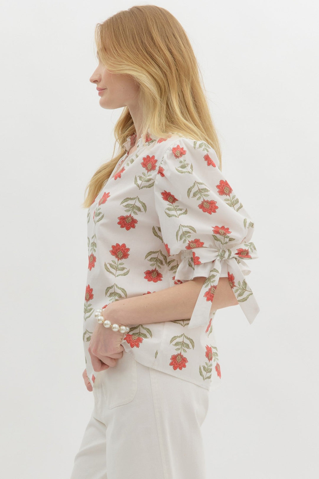 Floral Ruffle Neck Puff Sleeve Top - Lush Lemon - Women's Clothing - Entro - 14313161049245