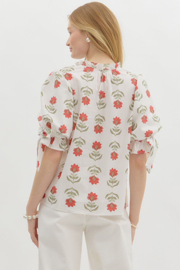 Floral Ruffle Neck Puff Sleeve Top - Lush Lemon - Women's Clothing - Entro - 14313161049245