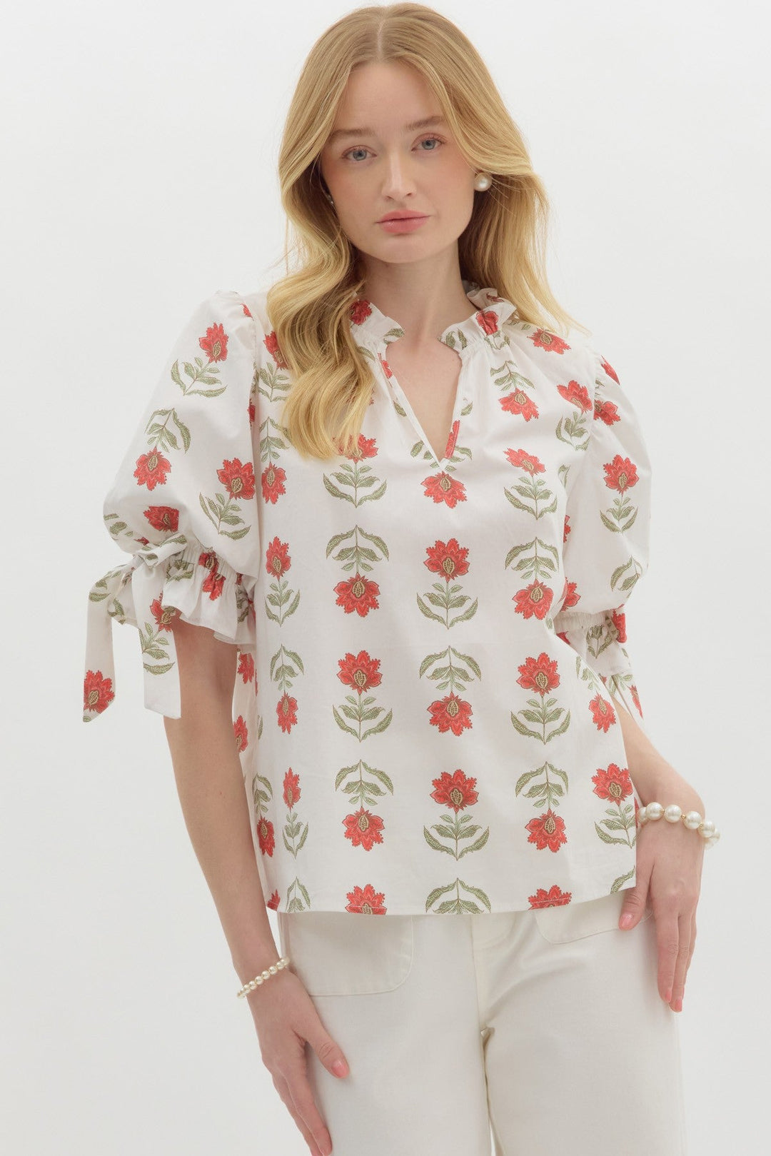 Floral Ruffle Neck Puff Sleeve Top - Lush Lemon - Women's Clothing - Entro - 14313161049245