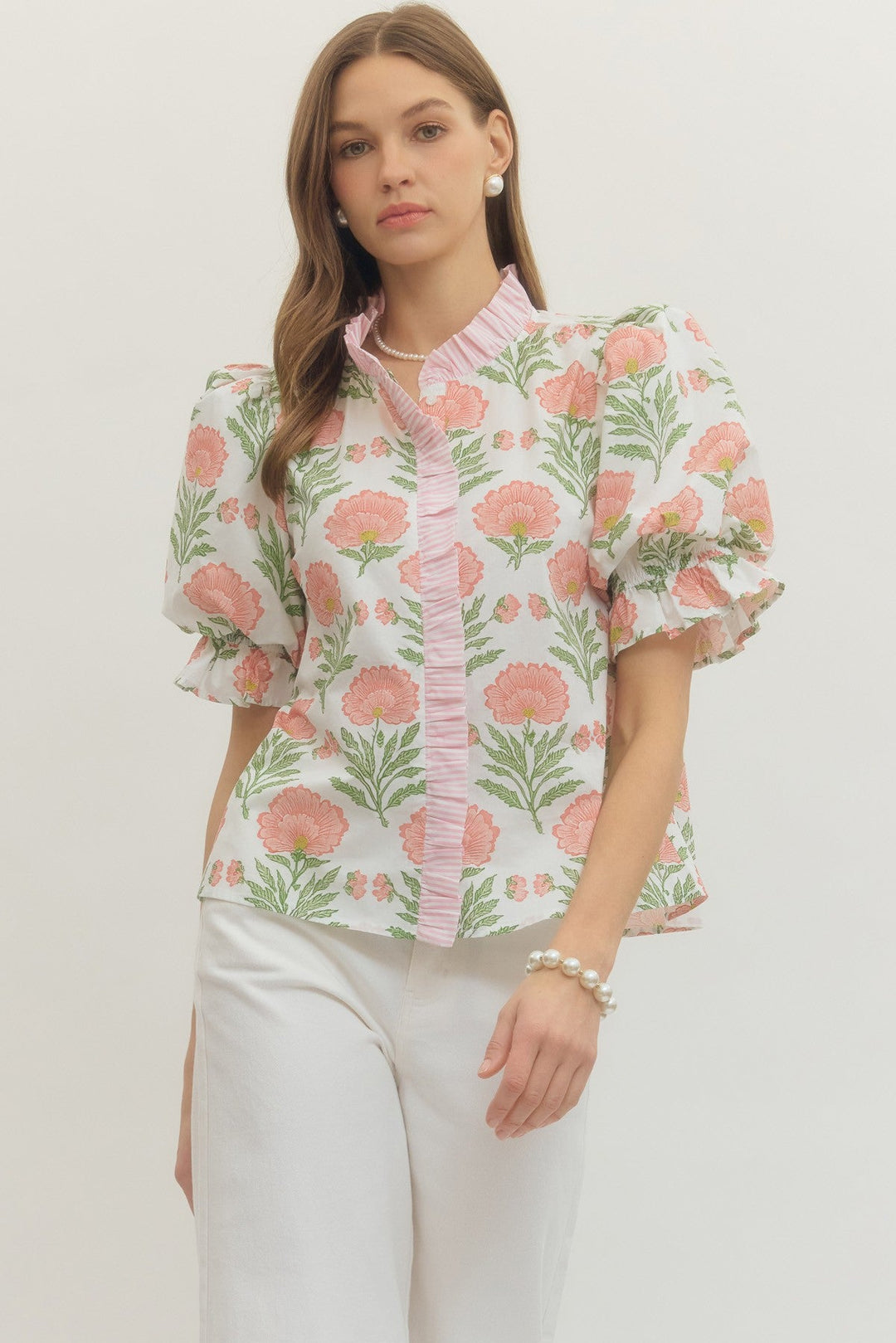 Floral Ruffle Trim Puff Sleeve Top - Lush Lemon - Women's Clothing - Entro - 65565071059357