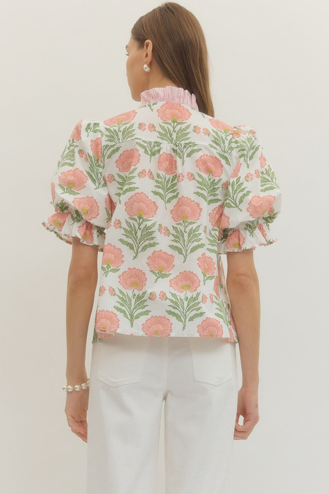 Floral Ruffle Trim Puff Sleeve Top - Lush Lemon - Women's Clothing - Entro - 65565071059357