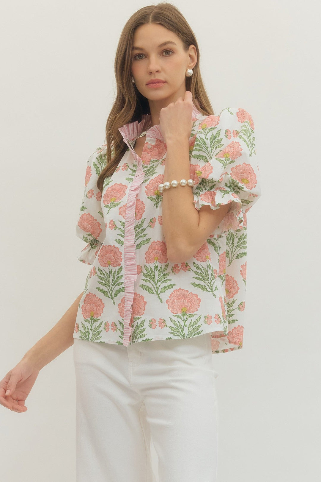 Floral Ruffle Trim Puff Sleeve Top - Lush Lemon - Women's Clothing - Entro - 65565071059357