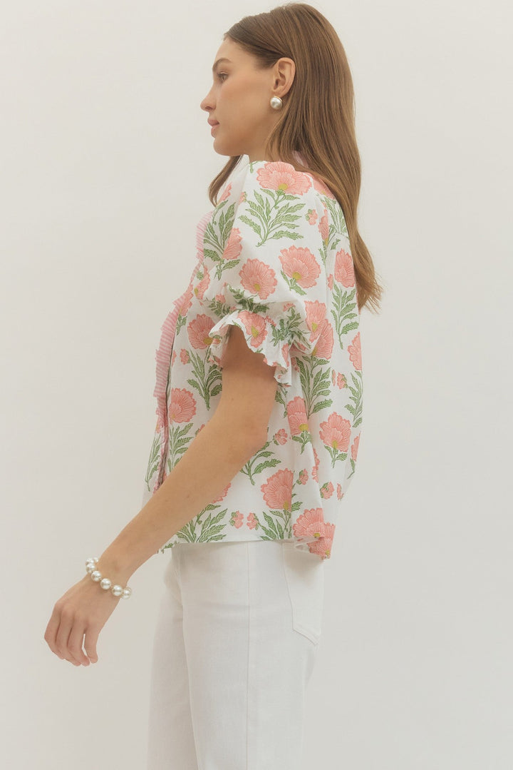 Floral Ruffle Trim Puff Sleeve Top - Lush Lemon - Women's Clothing - Entro - 65565071059357
