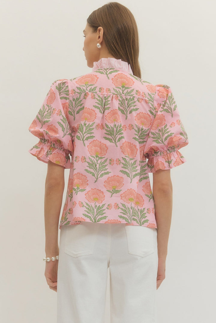 Floral Ruffle Trim Puff Sleeve Top - Lush Lemon - Women's Clothing - Entro - 70576221363677