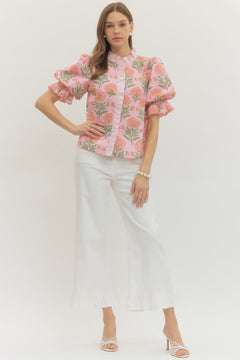 Floral Ruffle Trim Puff Sleeve Top - Lush Lemon - Women&