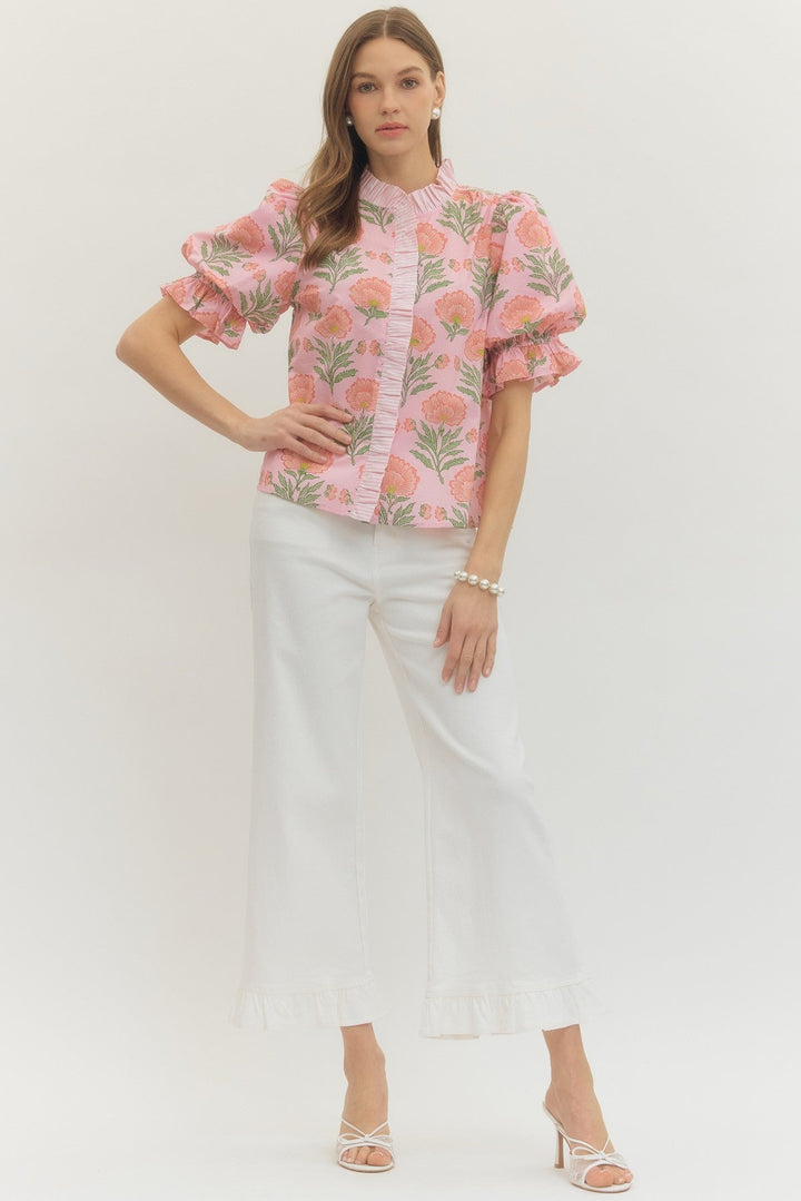 Floral Ruffle Trim Puff Sleeve Top - Lush Lemon - Women's Clothing - Entro - 70576221363677