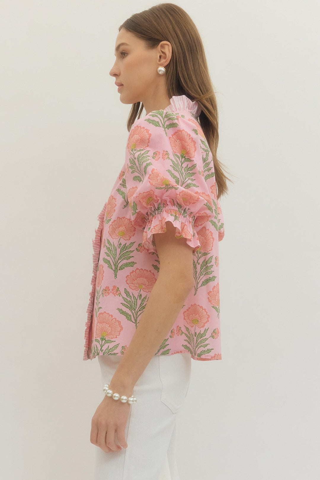 Floral Ruffle Trim Puff Sleeve Top - Lush Lemon - Women's Clothing - Entro - 70576221363677
