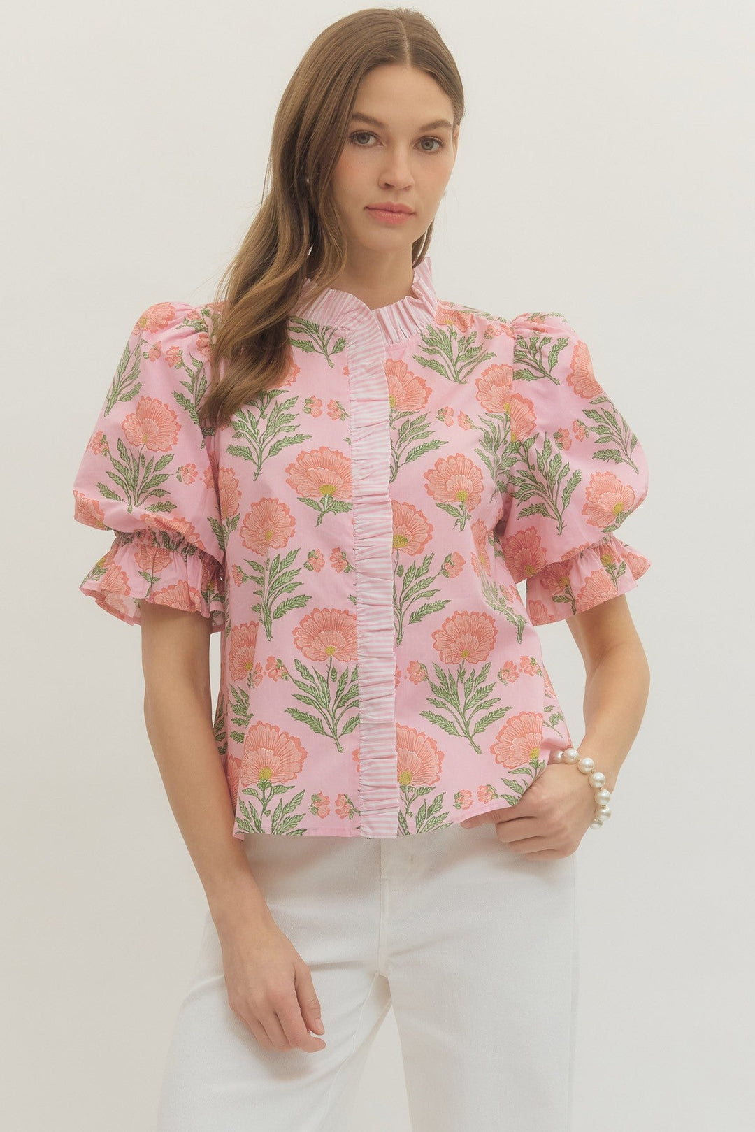 Floral Ruffle Trim Puff Sleeve Top - Lush Lemon - Women's Clothing - Entro - 70576221363677