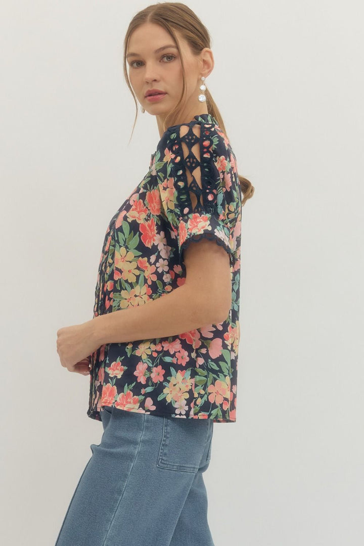 Floral Scallop Lace Trim Puff Sleeve Top - Lush Lemon - Women's Clothing - Entro - 20418521041597