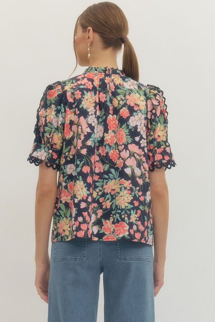 Floral Scallop Lace Trim Puff Sleeve Top - Lush Lemon - Women's Clothing - Entro - 20418521041597