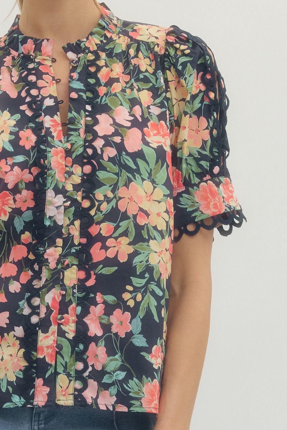Floral Scallop Lace Trim Puff Sleeve Top - Lush Lemon - Women's Clothing - Entro - 20418521041597