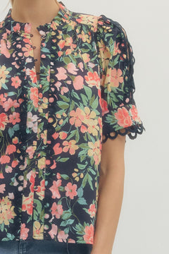 Floral Scallop Lace Trim Puff Sleeve Top - Lush Lemon - Women&