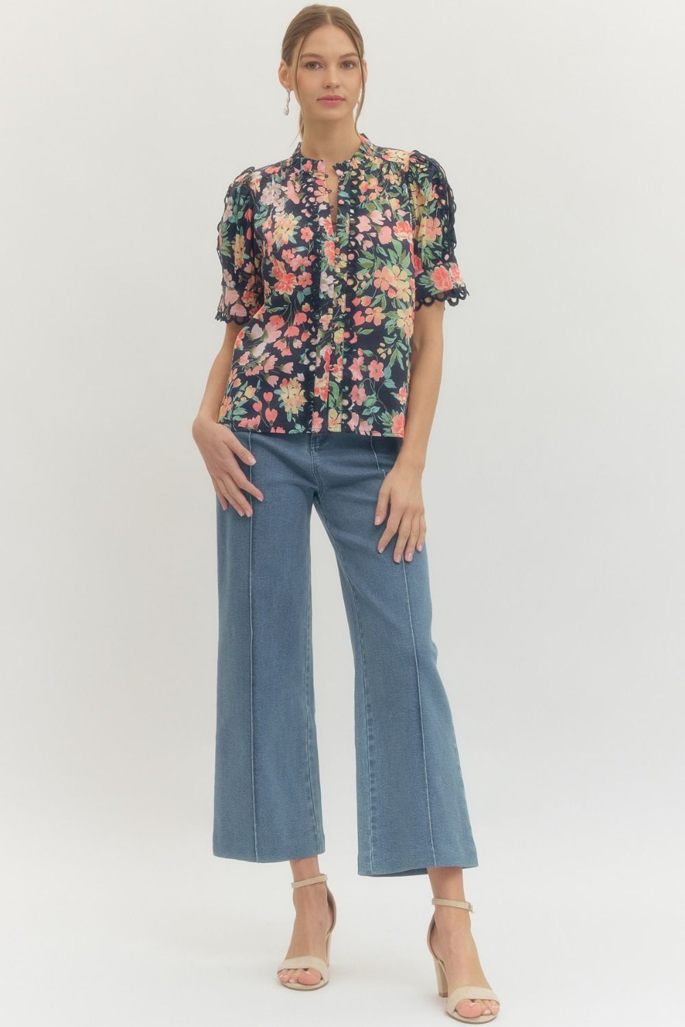 Floral Scallop Lace Trim Puff Sleeve Top - Lush Lemon - Women's Clothing - Entro - 20418521041597
