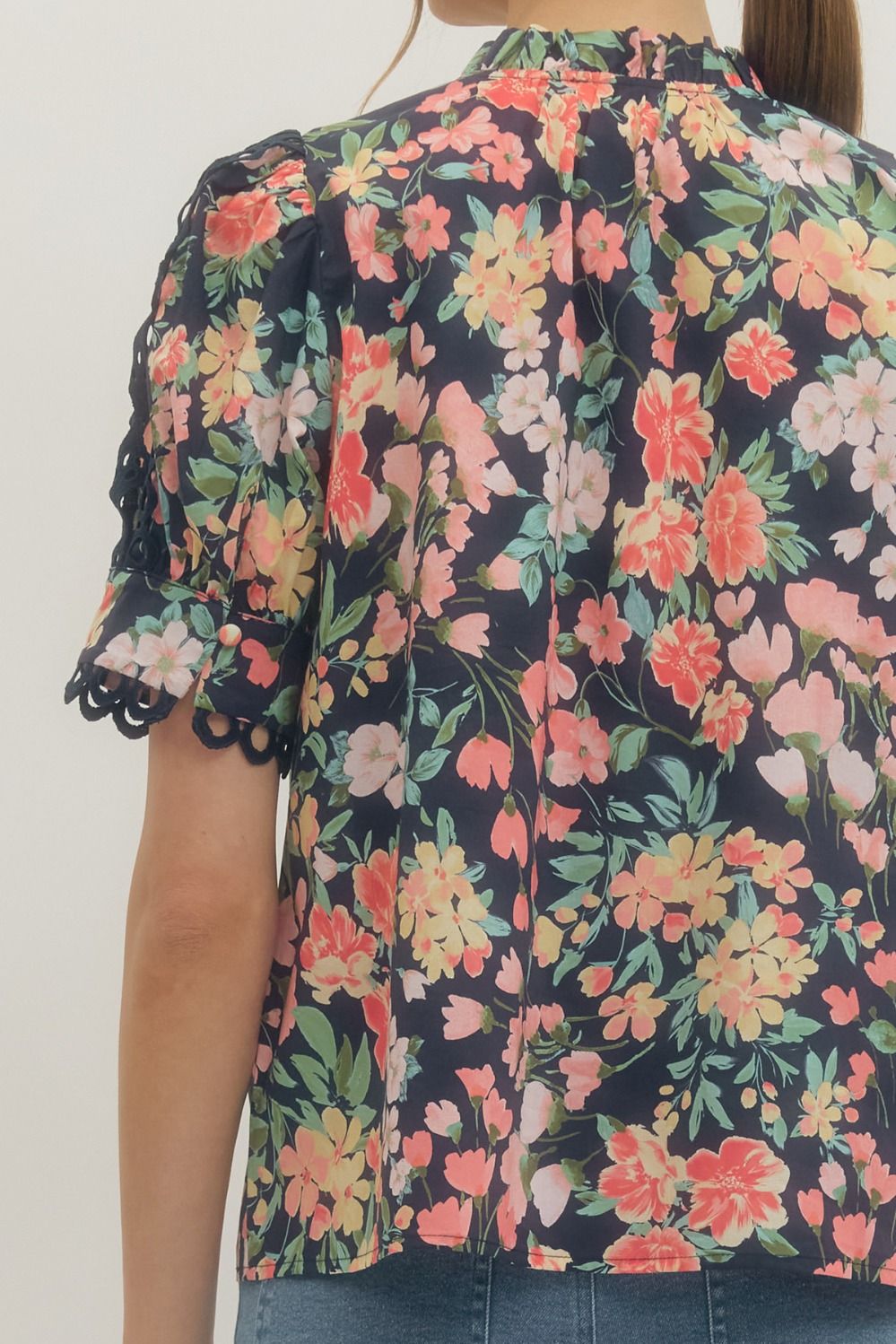 Floral Scallop Lace Trim Puff Sleeve Top - Lush Lemon - Women's Clothing - Entro - 20418521041597