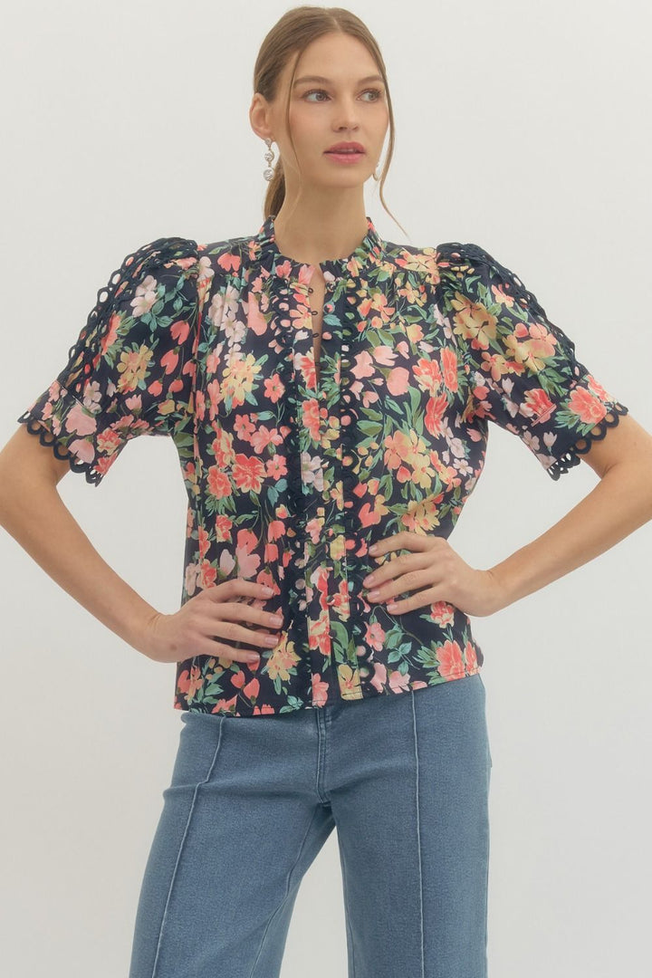 Floral Scallop Lace Trim Puff Sleeve Top - Lush Lemon - Women's Clothing - Entro - 20418521041597