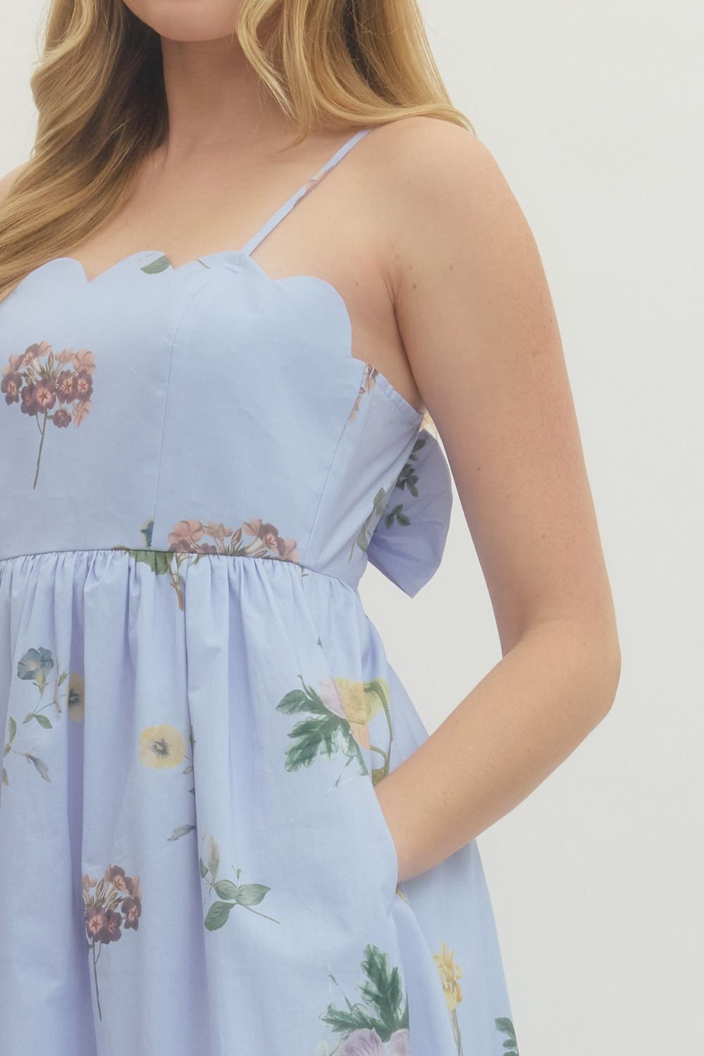 Floral Scallop Neck Midi Dress - Lush Lemon - Women's Clothing - Entro - 19333871051933