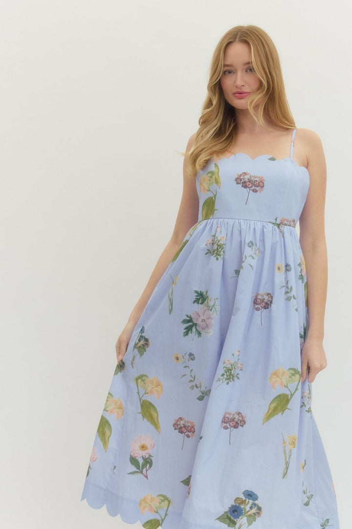 Floral Scallop Neck Midi Dress - Lush Lemon - Women's Clothing - Entro - 19333871051933