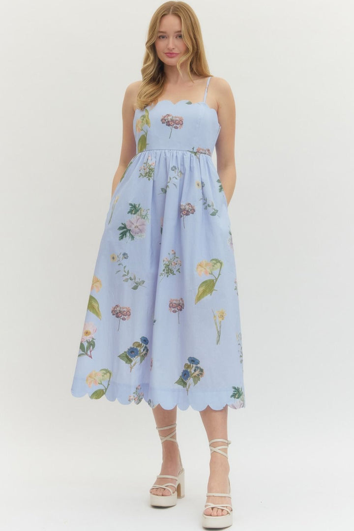 Floral Scallop Neck Midi Dress - Lush Lemon - Women's Clothing - Entro - 19333871051933