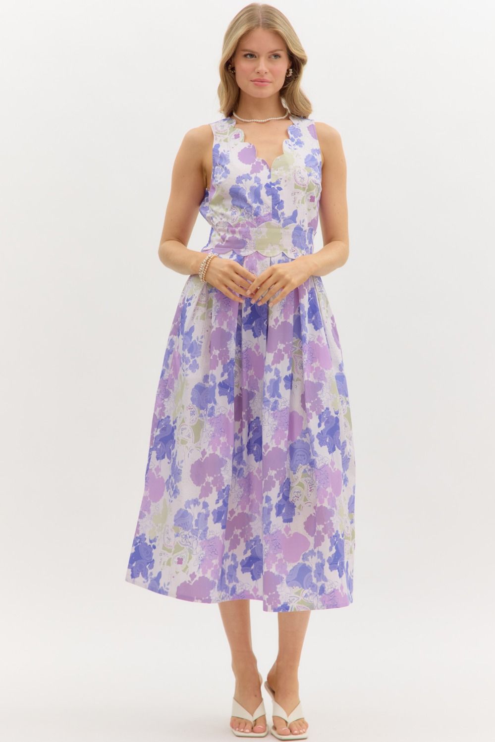 Floral Scallop Sleeveless Midi Dress - Lush Lemon - Women's Clothing - Entro - 95892681046941