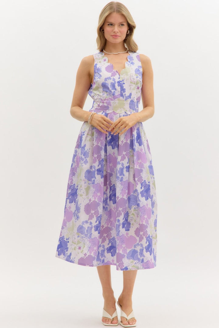 Floral Scallop Sleeveless Midi Dress - Lush Lemon - Women's Clothing - Entro - 95892681046941