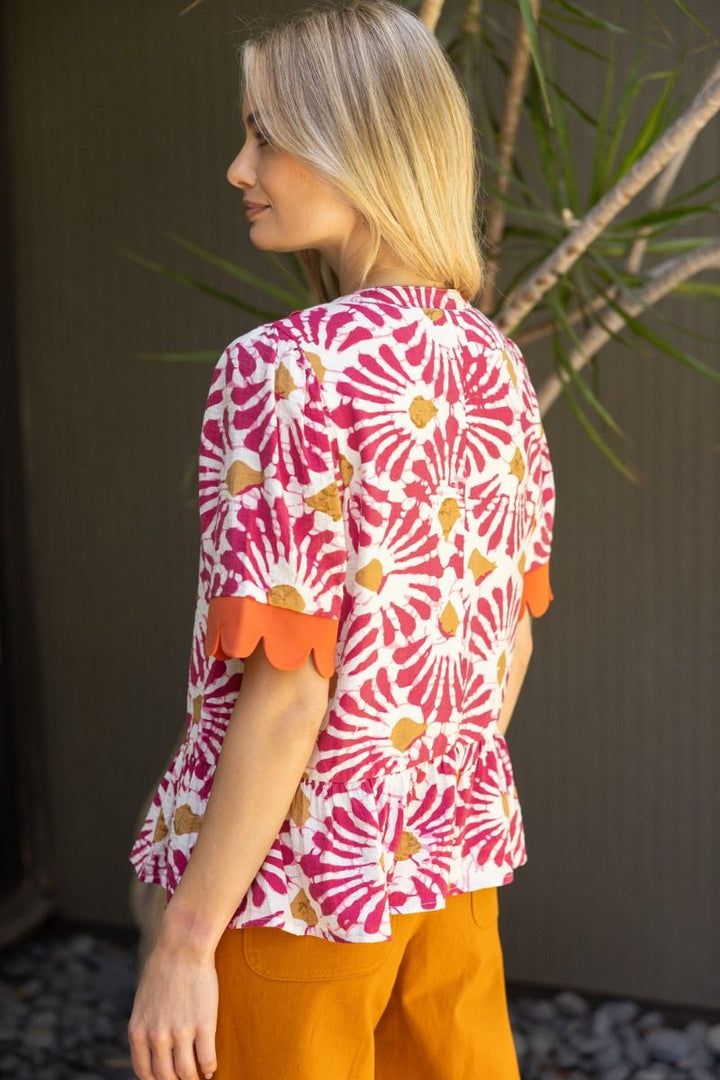 Floral Scallop Trim Top W/Tiered Hem - Lush Lemon - Women's Clothing - Voy - 46291891078013