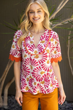 Floral Scallop Trim Top W/Tiered Hem - Lush Lemon - Women&