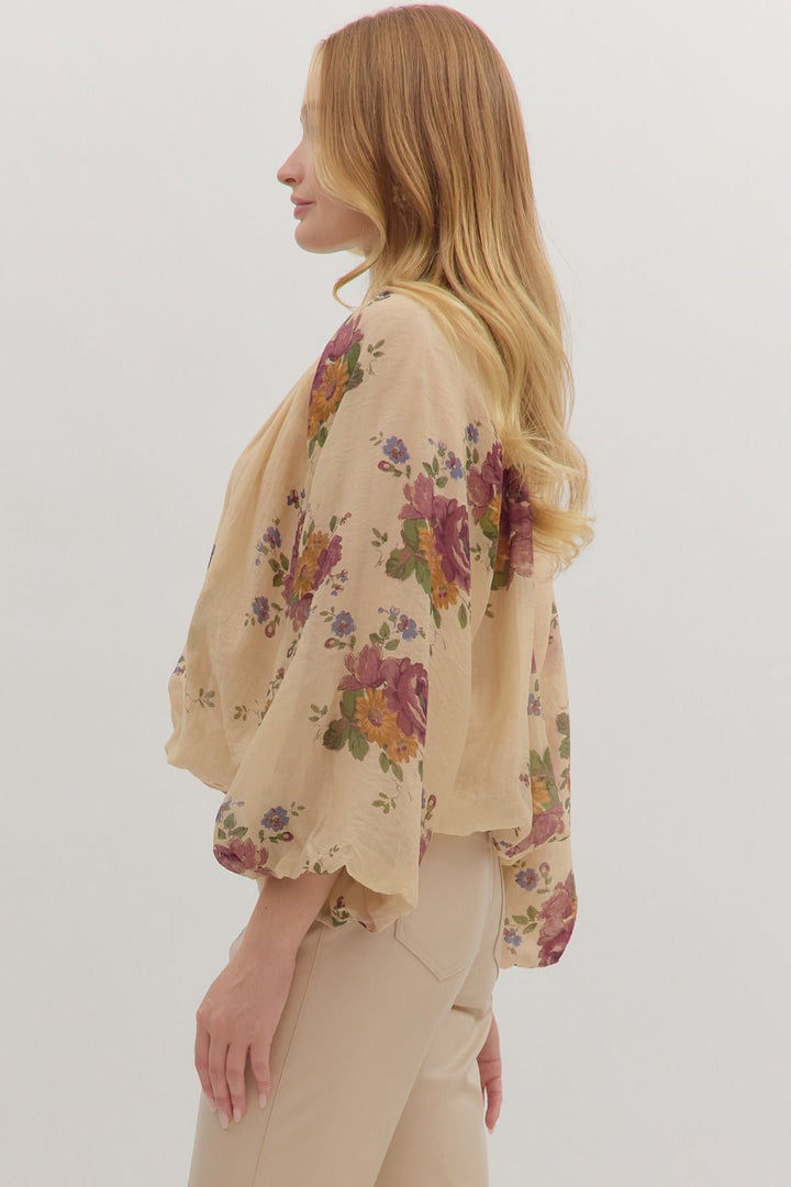 Floral Shirred Neck Puff Sleeve Top - Lush Lemon - Women's Clothing - Entro - 57219231001917
