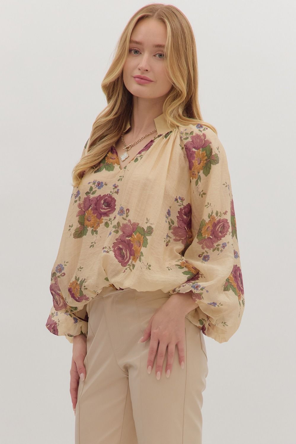 Floral Shirred Neck Puff Sleeve Top - Lush Lemon - Women's Clothing - Entro - 57219231001917